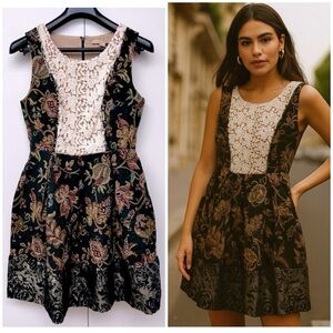 Champagne & Strawberry | Floral Tapestry Crochet Lace Black & Gold Brocade Dress